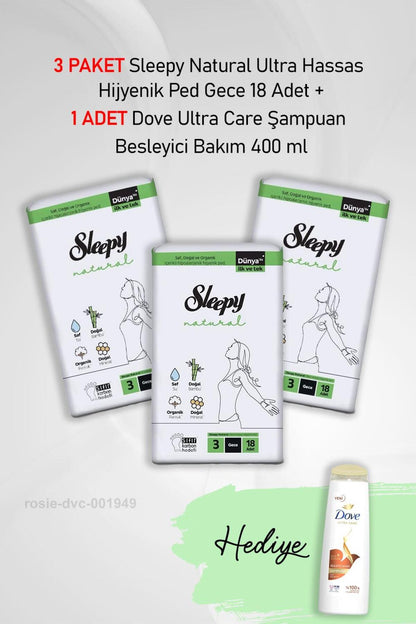 Natural Hijyenik Ped Gece 18 Adet X 3 ve Hediye Dove 400 ml