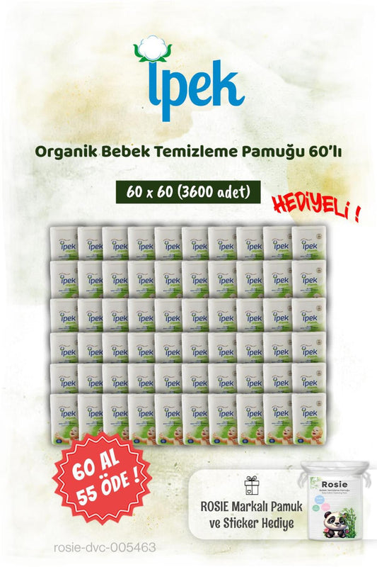 60'lı Organik 60 AL 55 ÖDE Bebek Temizleme Pamuğu ve Rosie Pamuk hediye