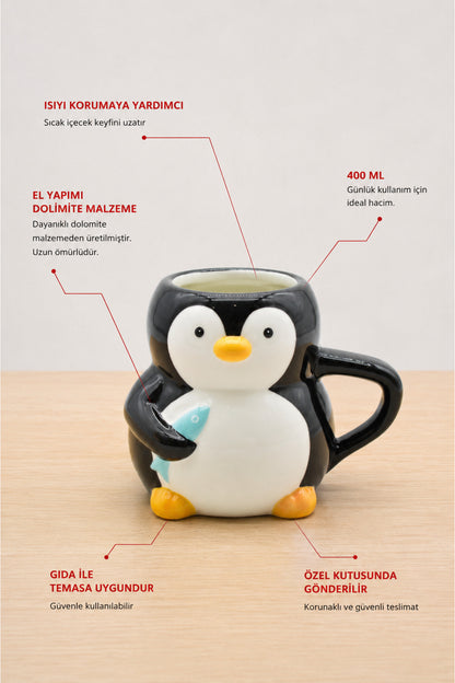 Penguen Figürlü El Yapımı Seramik Kupa, Mug, 420 ml
