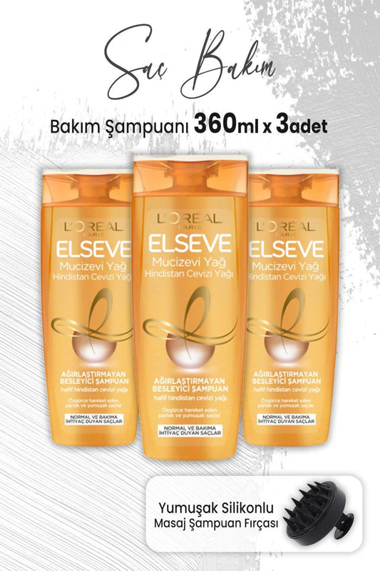Mucizevi Yağ Şampuan Hindistan Cevizi 360 ml x 3 Adet ve Masaj Şampuan Fırçası Siyah