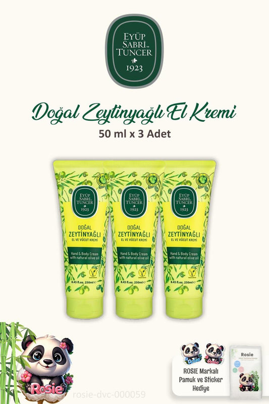 Doğal Zeytinyağlı El Kremi 3 Adet 50 ml ve ROSIE 60'lı Pamuk
