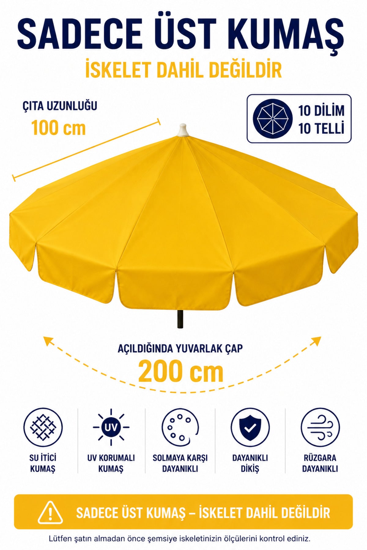 Sarı Polyester Kumaş, 10 telli 200 cm Çap (Plaj Şemsiyesiyle Uyumlu)