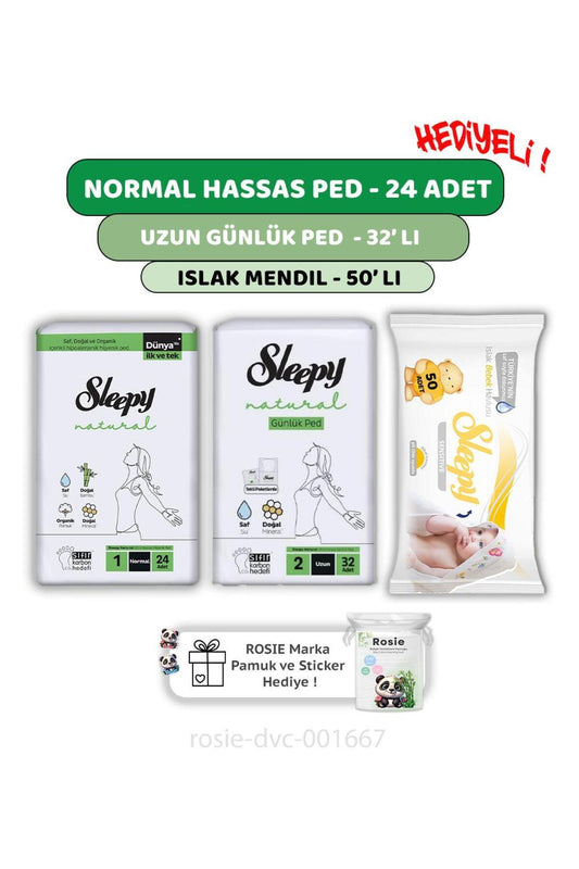 Natural Ultra Hassas Normal Ped 24'lü,Günlük Ped 32'li, Sensitive 50'li Mendil ve ROSIE