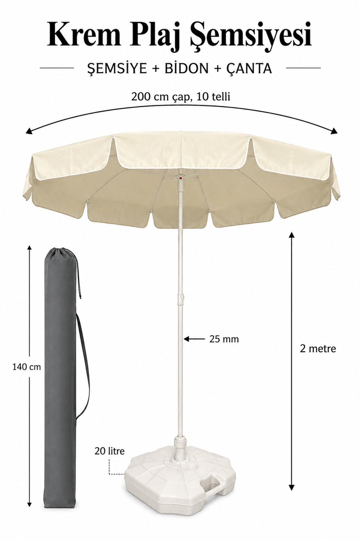 Şemsiye + Bidon + Çanta, Yaz Paketi - 2 Metre Çap ve 10 Telli Krem Renk Şemsiye