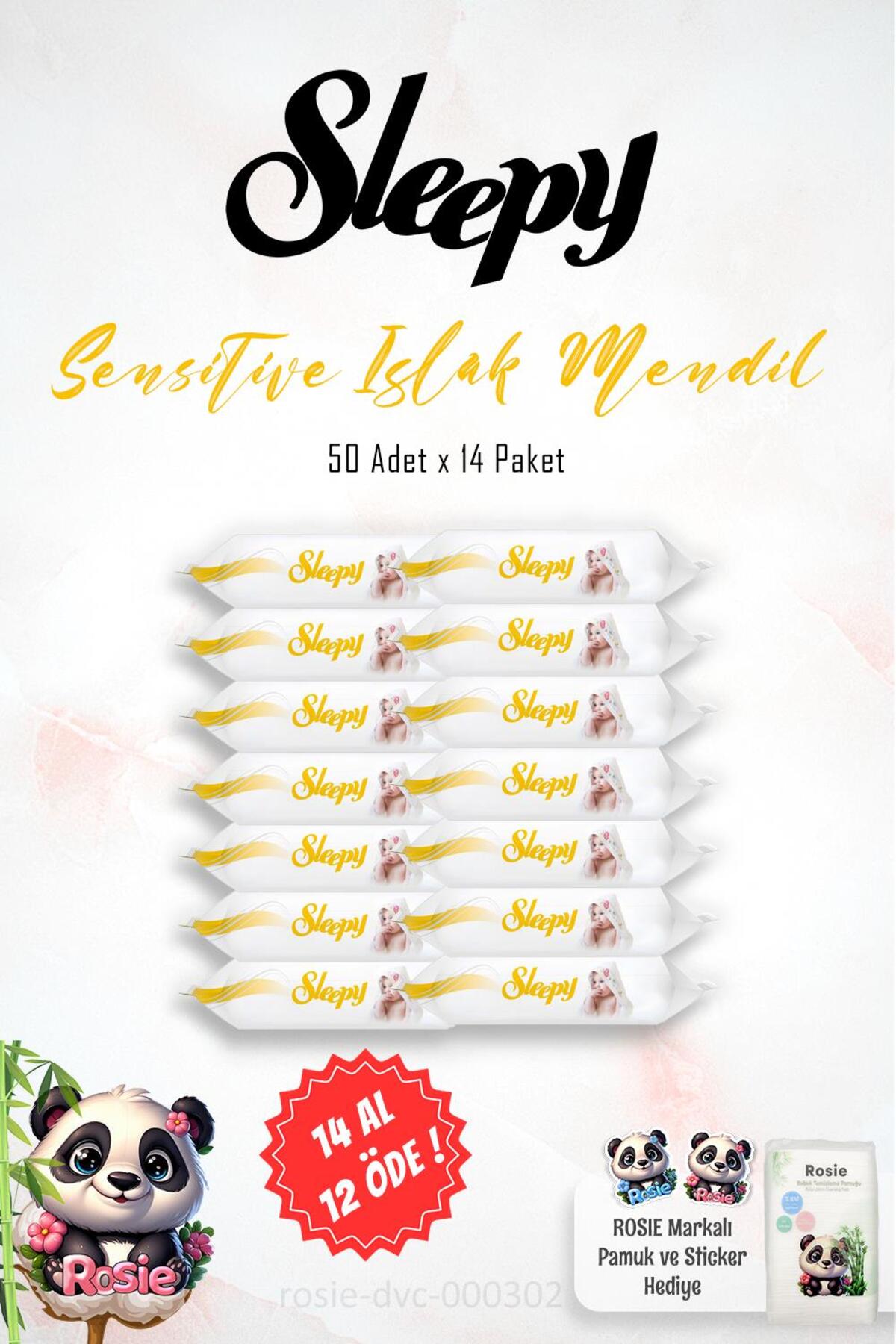 14 AL 12 ÖDE Sleepy Sensitive Islak Bebek Mendil 50'li ve ROSIE Pamuk