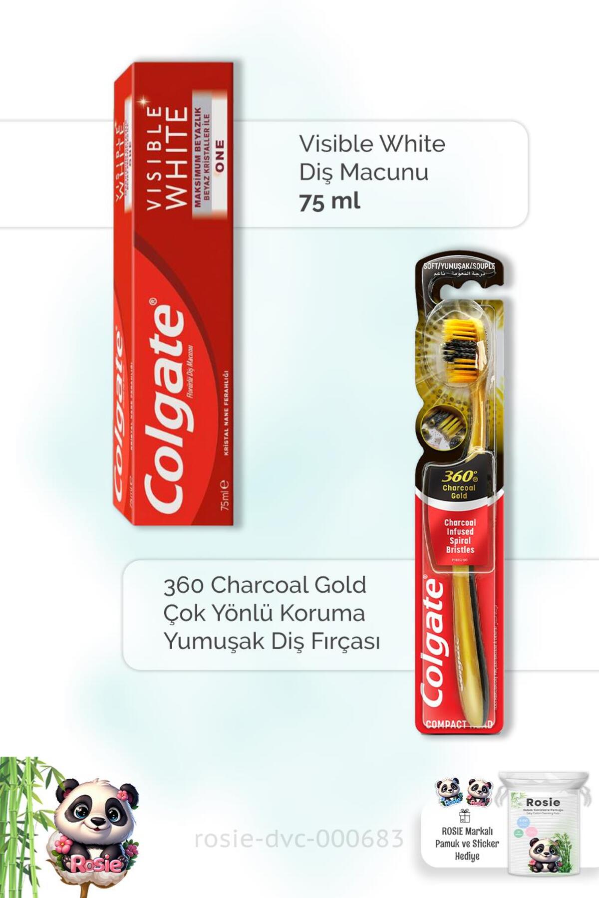 Visible White 75 ml Diş Macunu, 360 Charcoal Gold Diş Fırçası ve ROSIE