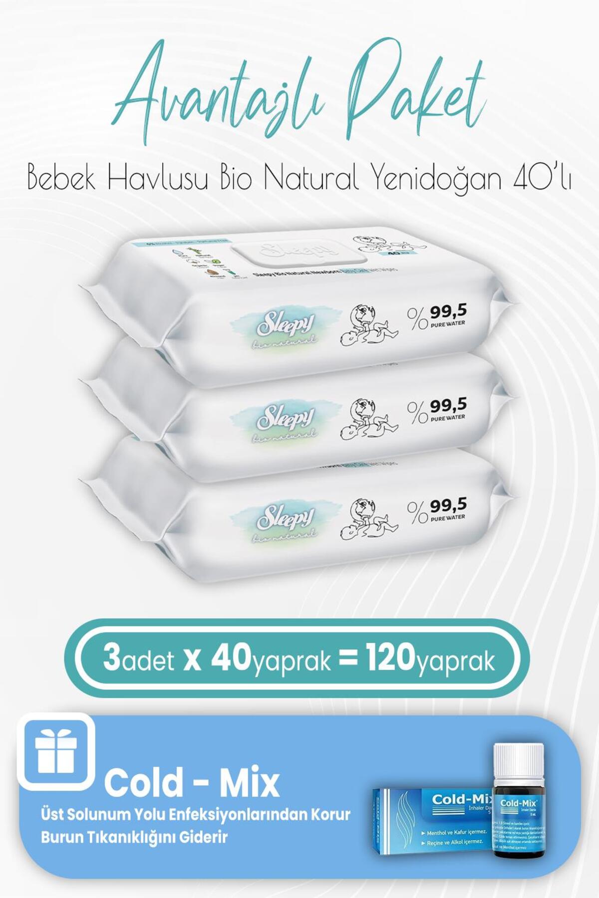 Bio Natural Yenidoğan Islak Havlu 40'lı x 3 Adet ve Cold-Mix 5 ml (Mavi)