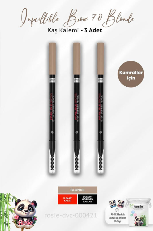 3 Adet Loreal Paris Infaillible Brow 12H 7.0 Blonde Definer Pencil Kaş Kalemi ve ROSIE