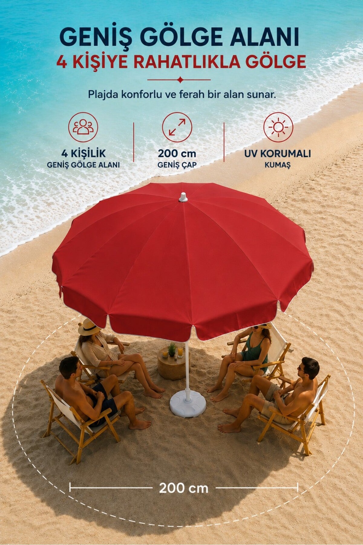Kırmızı Plaj Şemsiyesi 200 cm Çap / 10 Telli + Bidon + Taşıma Çantası Dahil