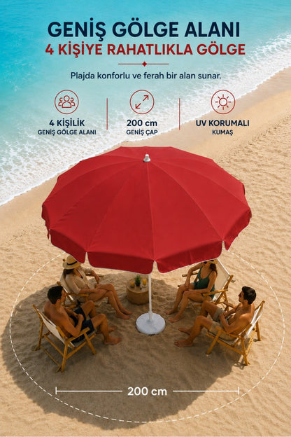 Kırmızı Plaj Şemsiyesi 200 cm Çap / 10 Telli + Bidon + Taşıma Çantası Dahil