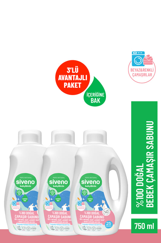 %100 Doğal Bebek Çamaşır Sabunu Kendinden Yumuşatıcılı Bitkisel Deterjan Konsantre 750 ml X3 Adet