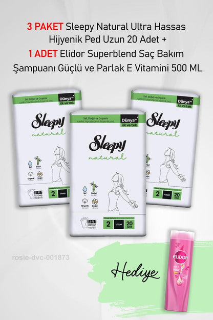 Natural Ultra Hassas Hijyenik Ped Uzun 20 Adet X3 ve Elidor Saç Bakım Şampuanı 500 ML