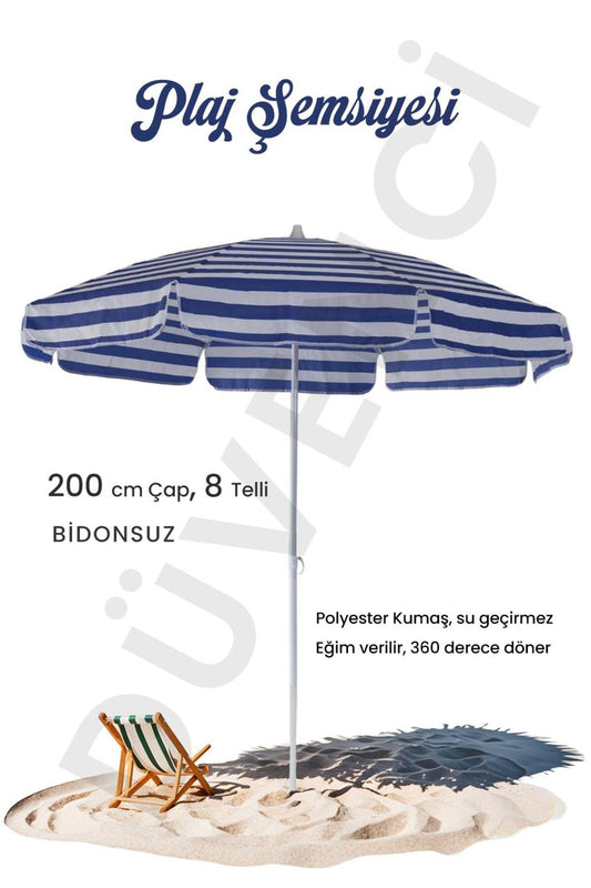 Plaj Şemsiyesi 200 CM Çap Mavi Beyaz 8 Telli Eğim Verilir BİDONSUZ ve rosie hediye