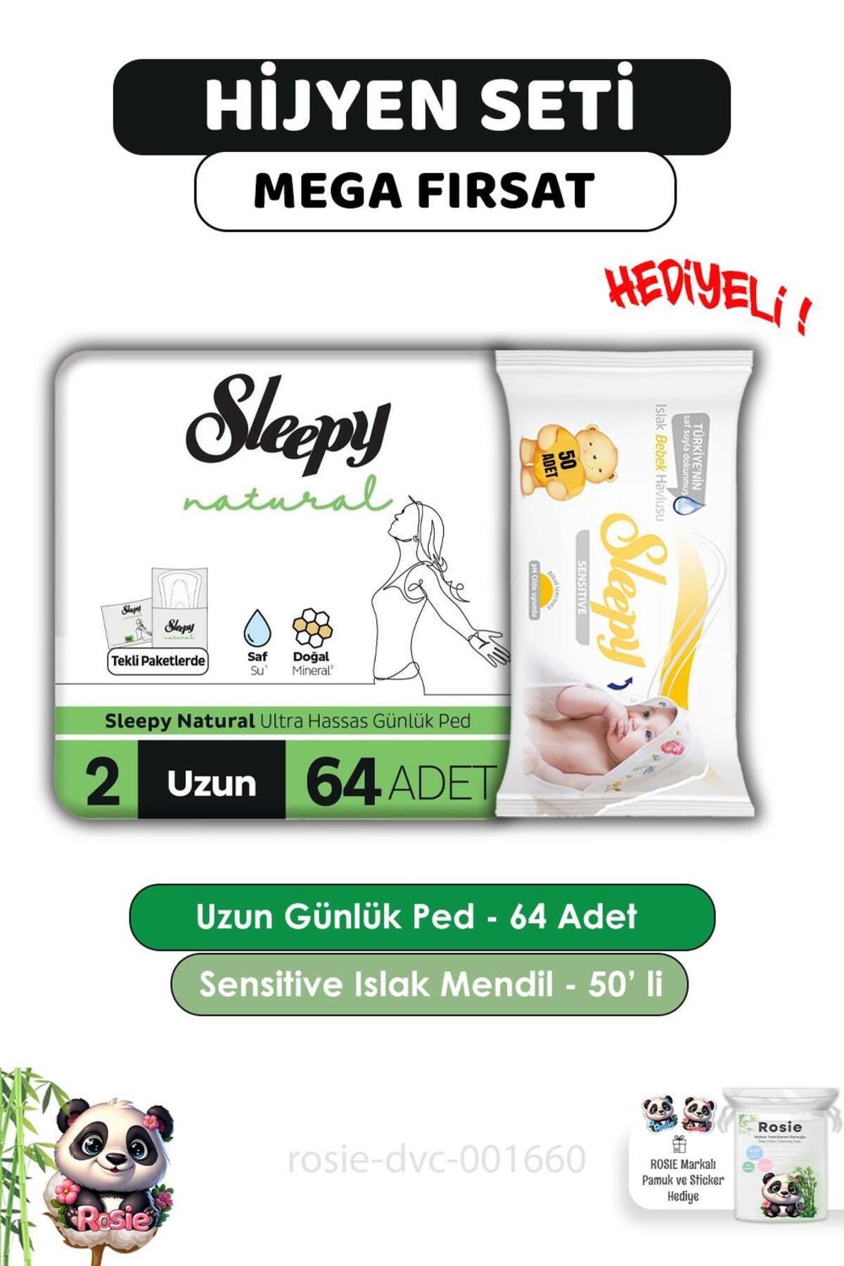 Natural Ultra Hassas Hijyenik Günlük Ped Uzun 64 Adet, Sensitive 50'li Islak Mendil ve ROSIE