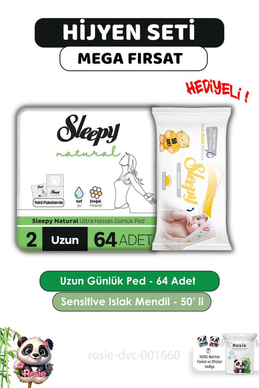 Natural Ultra Hassas Hijyenik Günlük Ped Uzun 64 Adet, Sensitive 50'li Islak Mendil ve ROSIE