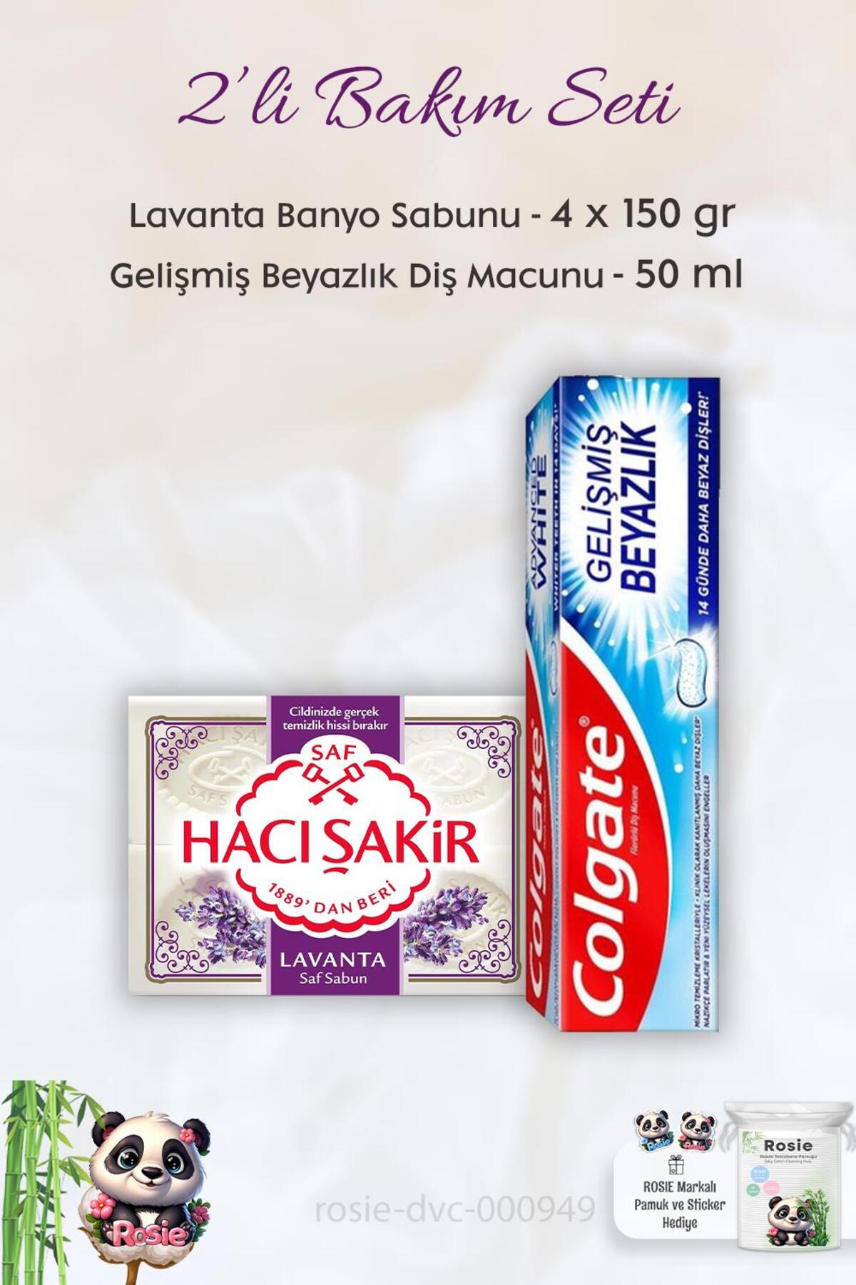 Diş Macunu Gelişmiş Beyazlık 50 ml, H. Şakir Lavanta Kokulu Banyo Sabunu 4 x 150 gr ve ROSI