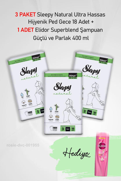 Natural Hijyenik Ped Gece 18 Adet X 3 ve Hediye Elidor Güçlü ve Parlak 400 ml