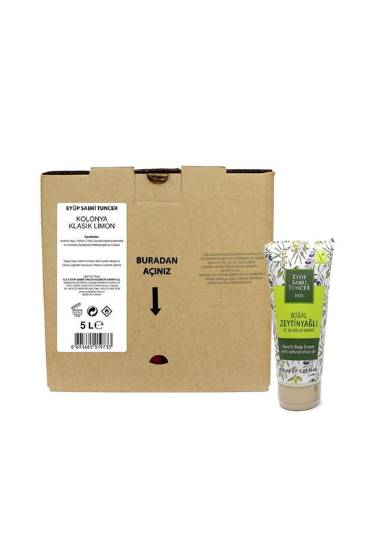 Doğal Zeytinyağlı El & Vücut Kremi 215 ml ve Limon Kolonyası 5 Lt