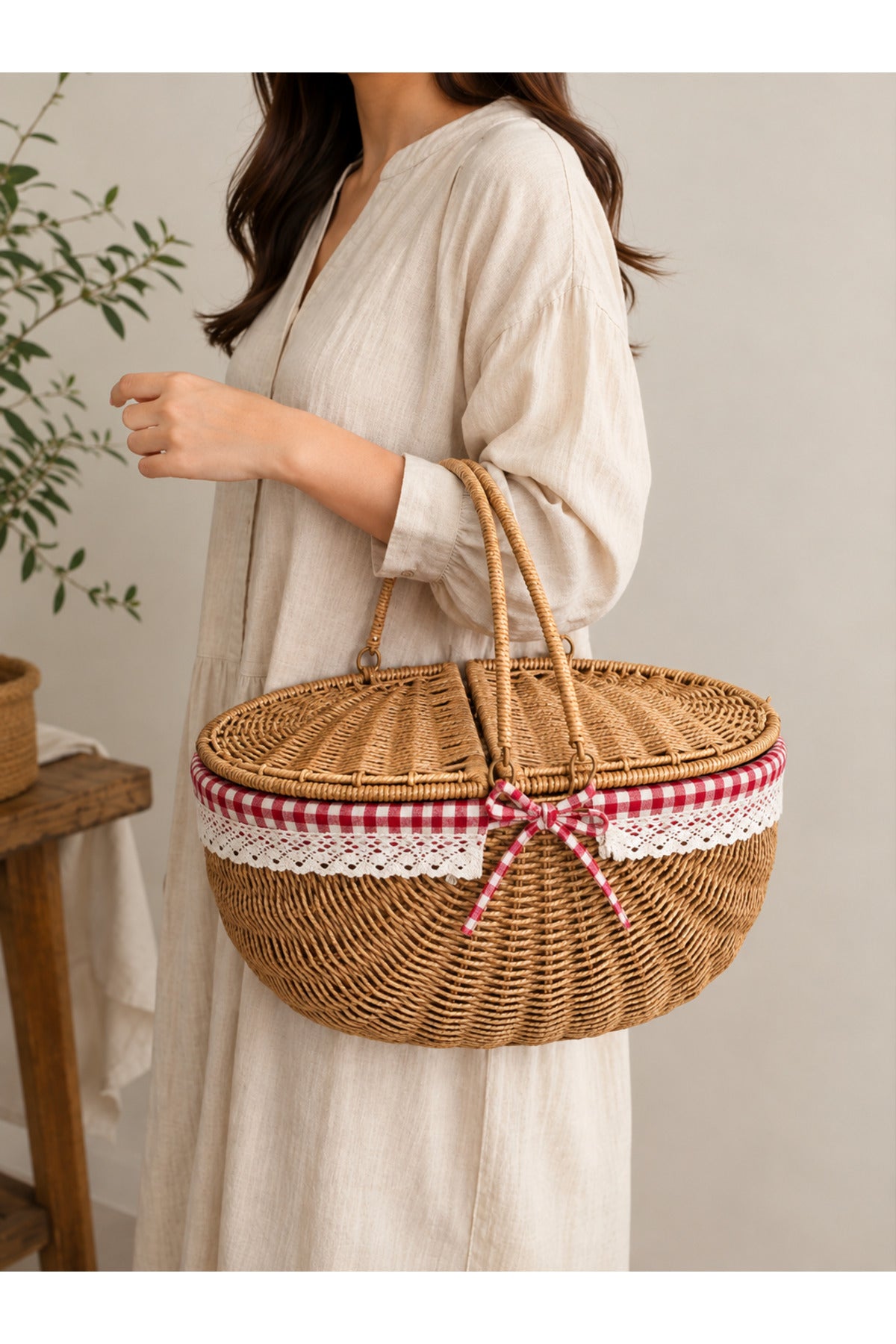 Piknik Sepeti Oval Hasır Detaylı 38 cm