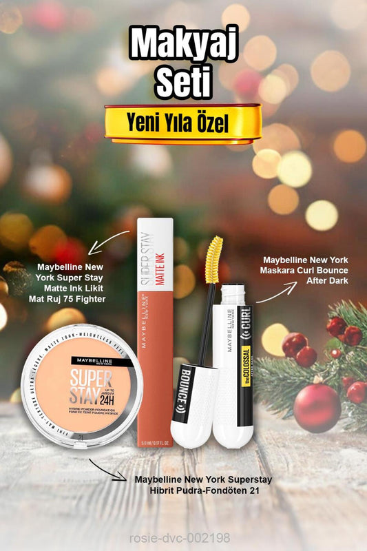 Maybelline Superstay Pudra -Fondöten 21, Maskara Curl Bounce, Super Stay Matte Ink Ruj 75