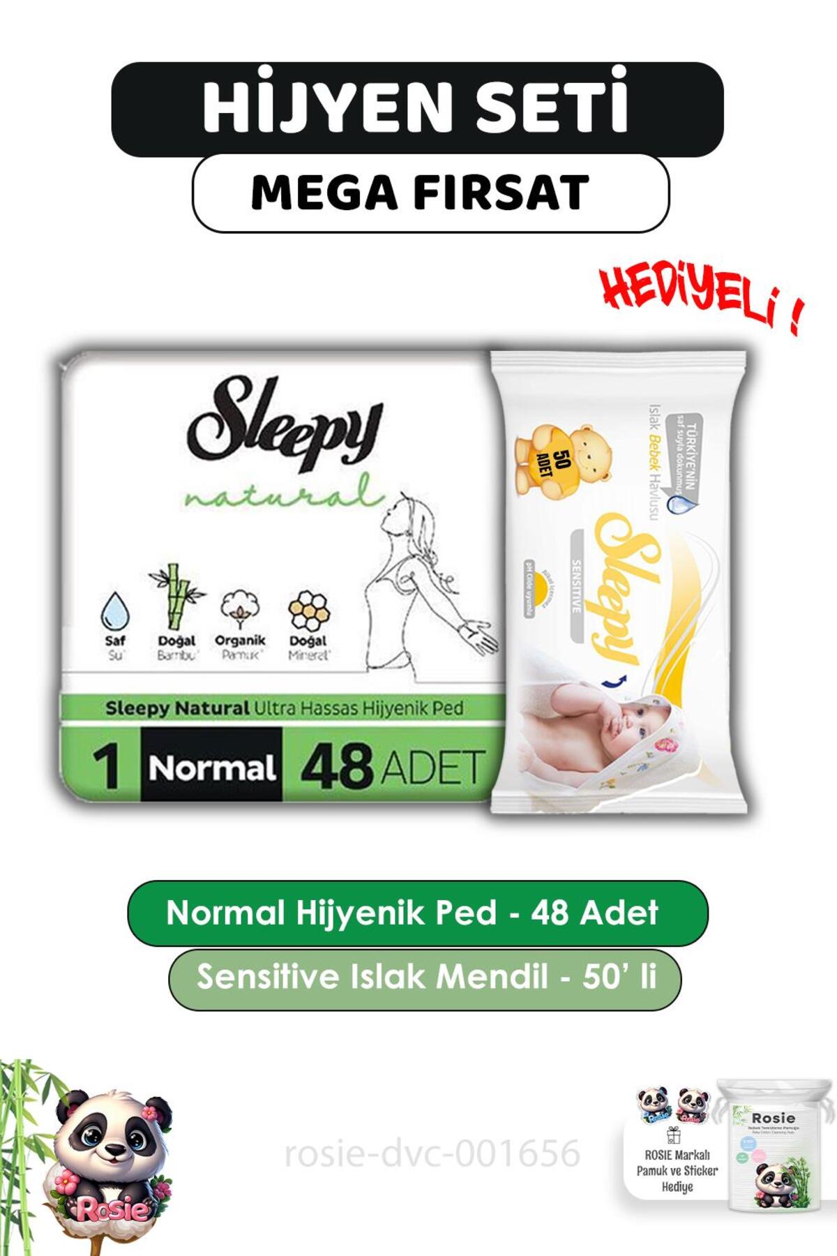 Natural Ultra Hassas Hijyenik Ped Normal 48 Adet, Sensitive 50'li Islak Mendil ve ROSIE