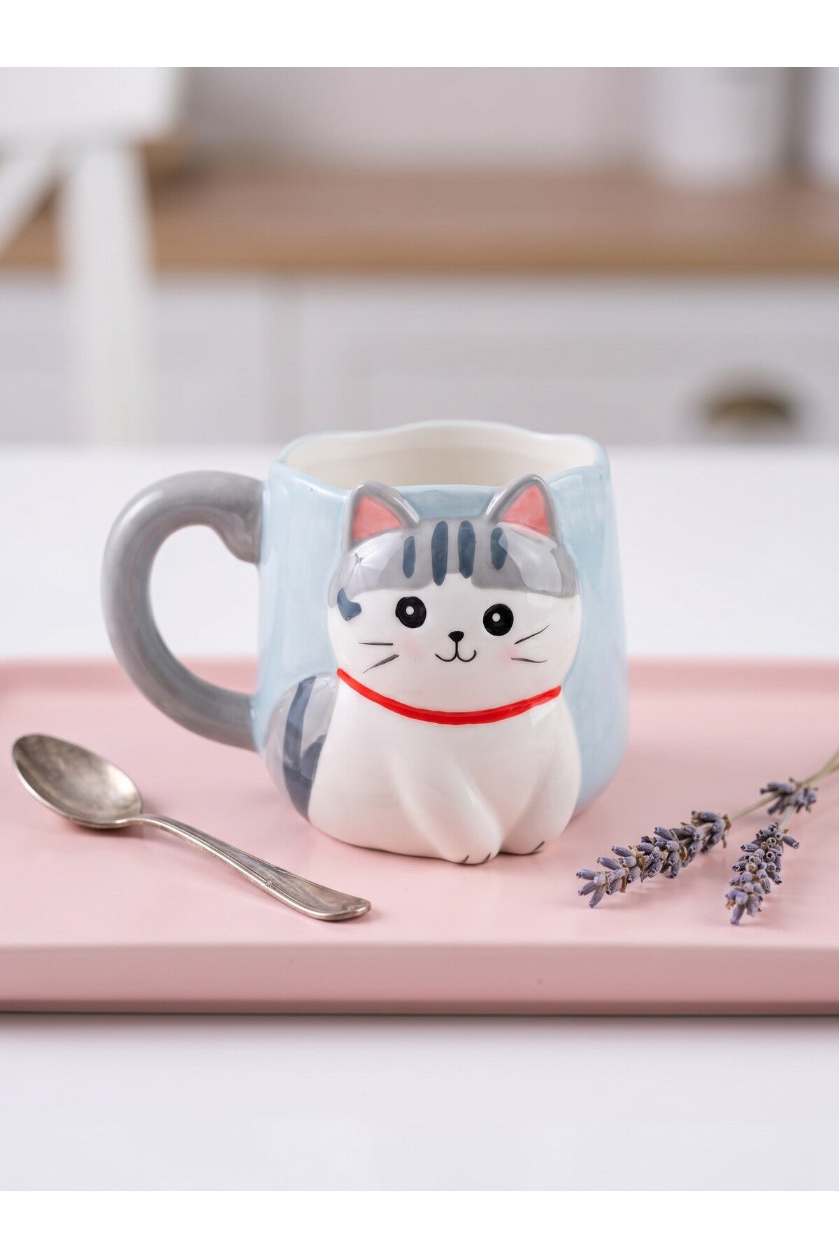 Kuyruk Detaylı Kulp, Açık Mavi 3D Kedi Figürlü Kupa 405 ml