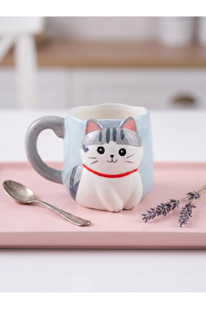 Kuyruk Detaylı Kulp, Açık Mavi 3D Kedi Figürlü Kupa 405 ml