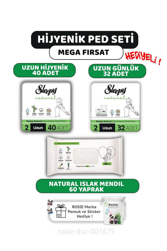 Natural Ultra Hassas Ped Uzun 40'lı, Günlük Ped 32'li, Natural 60'lı Mendil ve ROSIE