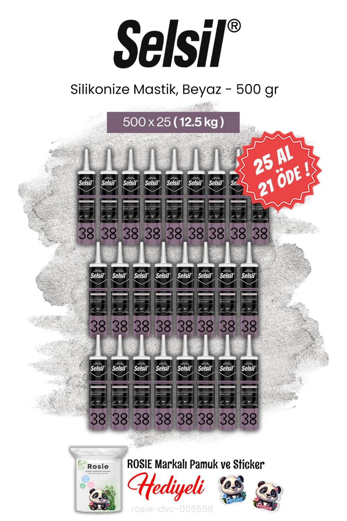 500 gr, 25 AL 21 ÖDE Silikonize Mastik, Beyaz ve rosie pamuk