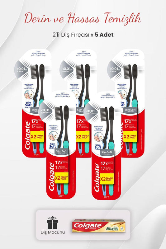 Slim Soft Charcoal 2'li Diş Fırçası x 5 Adet ve Misvak Özlü Diş Macunu