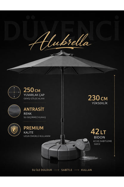 Alubrella Antrasit Renk Bahçe Şemsiyesi Yuvarlak, 250 CM Çaplı, Su Geçirmez Kumaş, Bidonlu