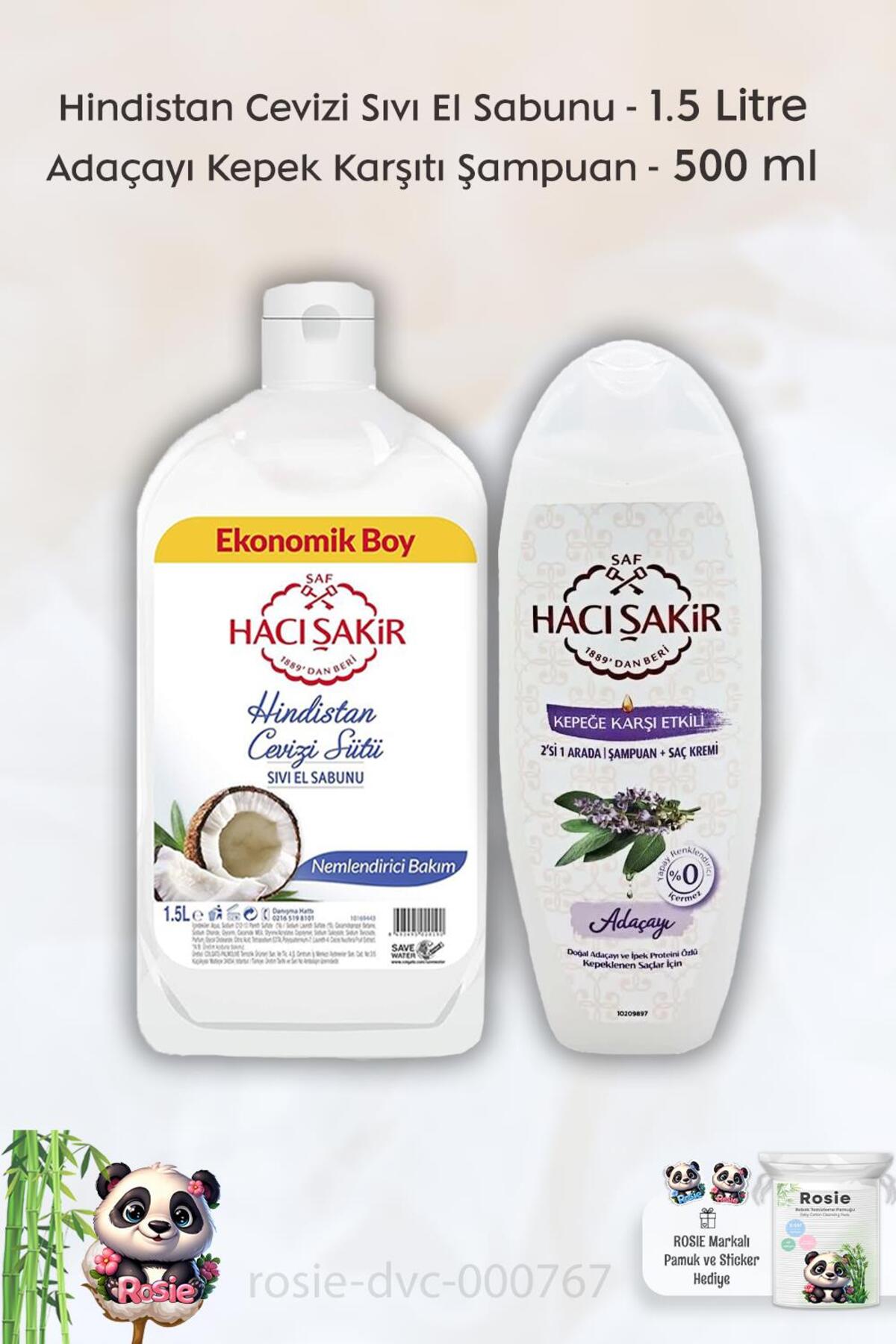 Hindistan Cevizi Sıvı El Sabunu 1500 ml, Adaçayı 2si 1 Arada Şampuan 500 ml ve ROSIE