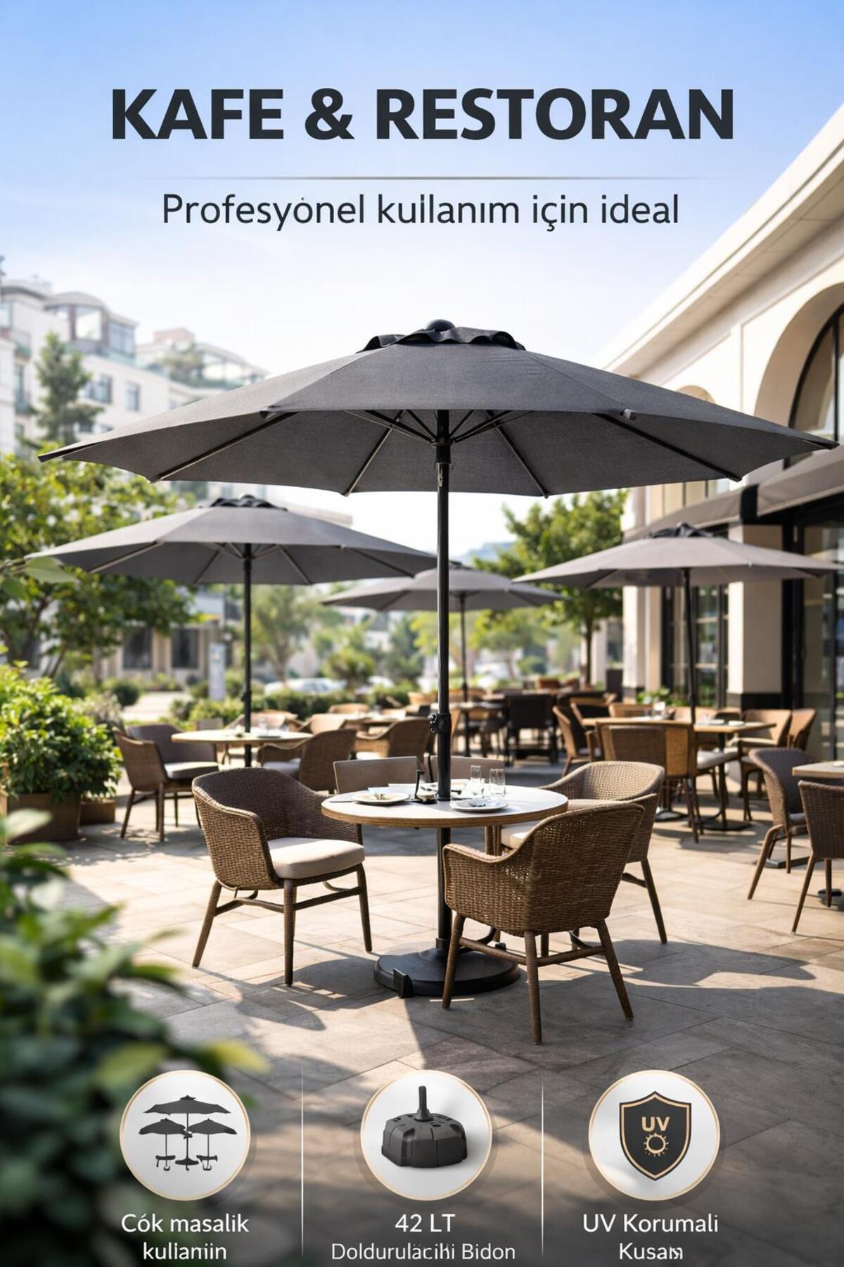 Alubrella Antrasit Renk Bahçe Şemsiyesi Yuvarlak, 250 CM Çaplı, Su Geçirmez Kumaş, Bidonlu