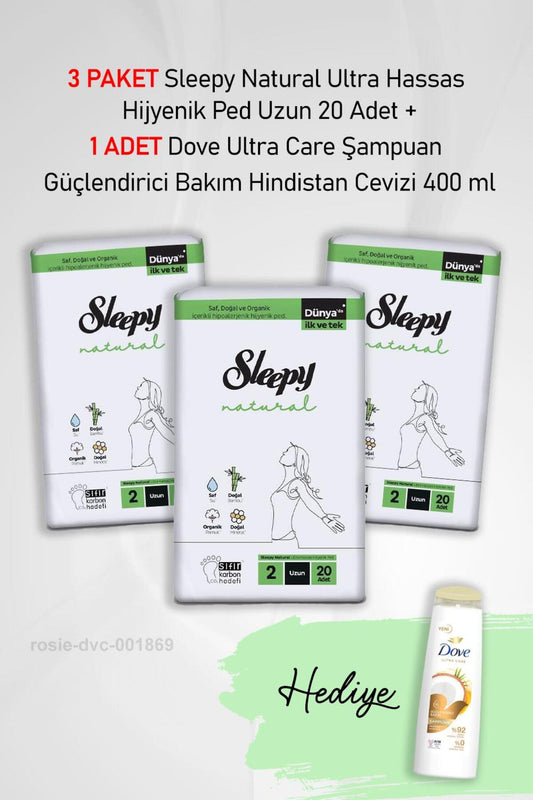 Natural Ultra Hassas Hijyenik Ped Uzun 20 Adet X3 ve Dove Ultra Care Şampuan Güçlendirici Bak