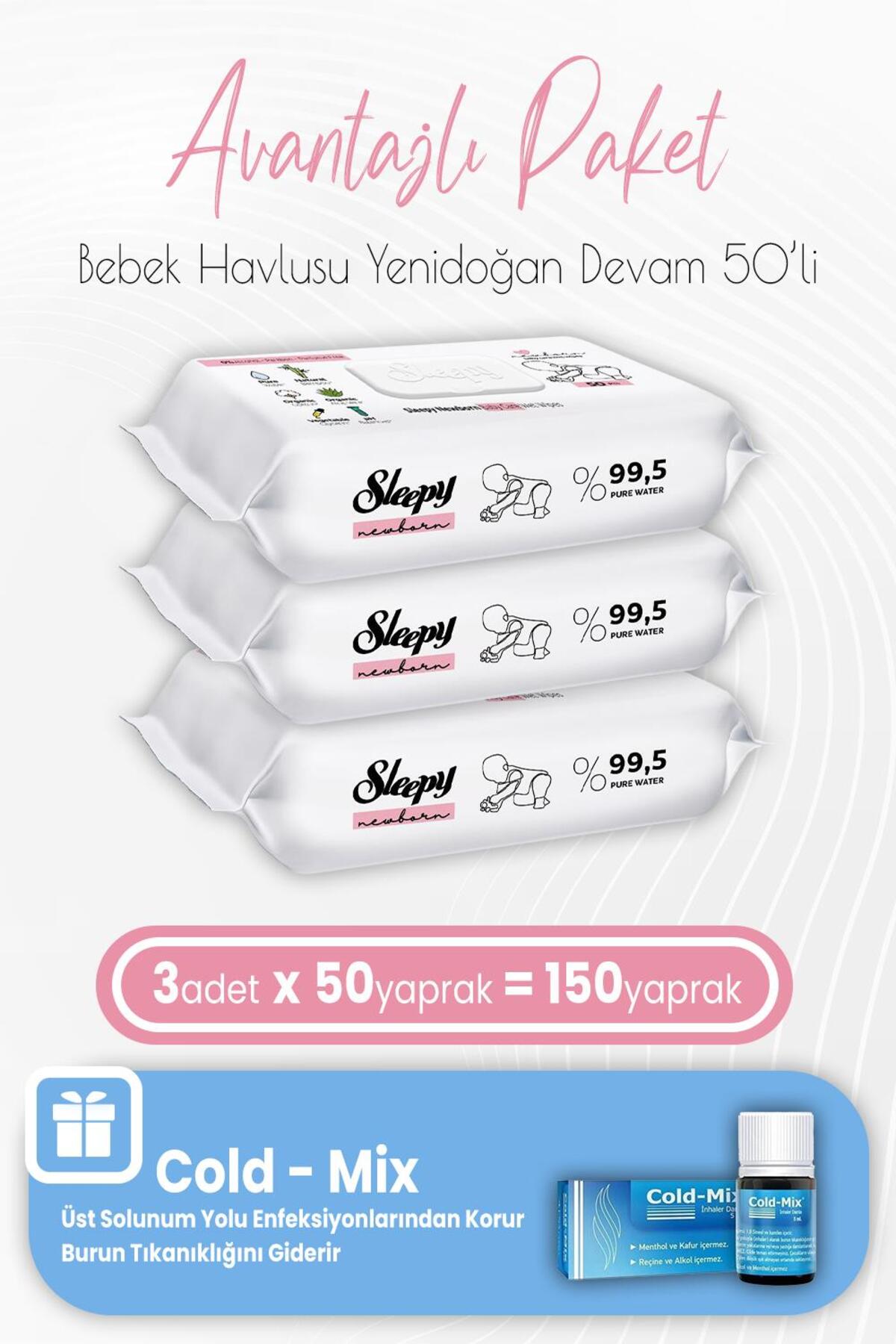 Yenidoğan Devam Islak Bebek Bakım Havlusu 50'li x 3 Adet ve Cold-Mix 5 ml (Mavi)