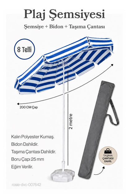 Mavi Beyaz 200 Çap / 8 Telli Plaj Şemsiyesi + Bidon + Taşıma Çantası Dahil