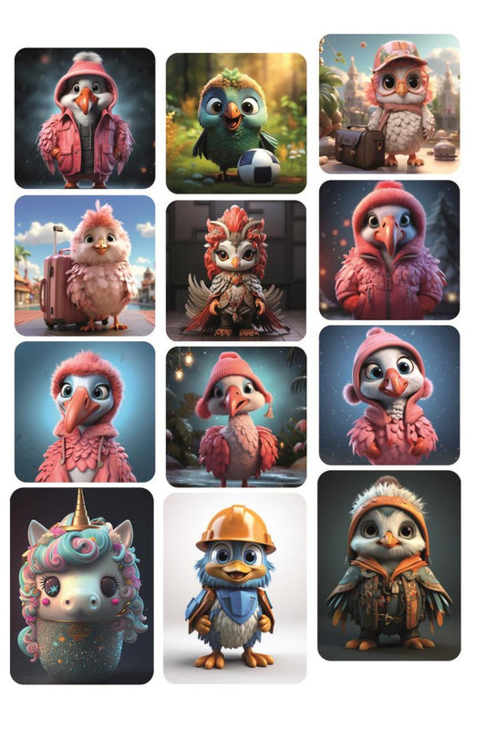 12 ADET Kuş Temalı (Birds) Kare Sevimli Stickerlar
