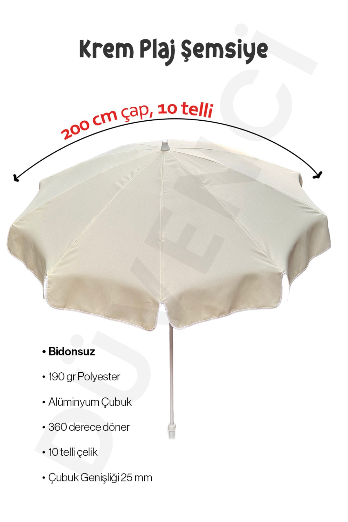 Plaj Şemsiye 200 cm Krem Renkli Eğim Verilebilir