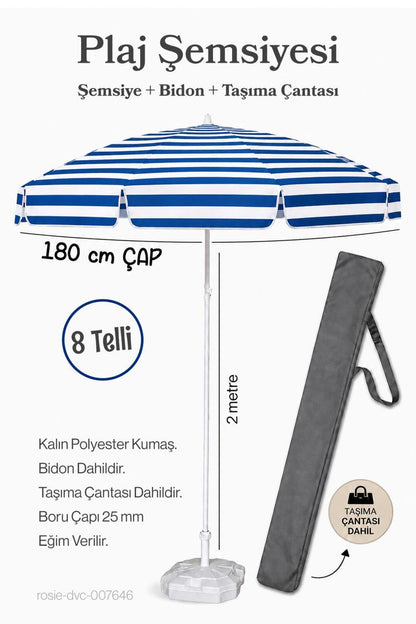 Plaj Şemsiyesi Mavi Beyaz 180 Çap / 8 Telli + Bidon + Taşıma Çantası Dahil