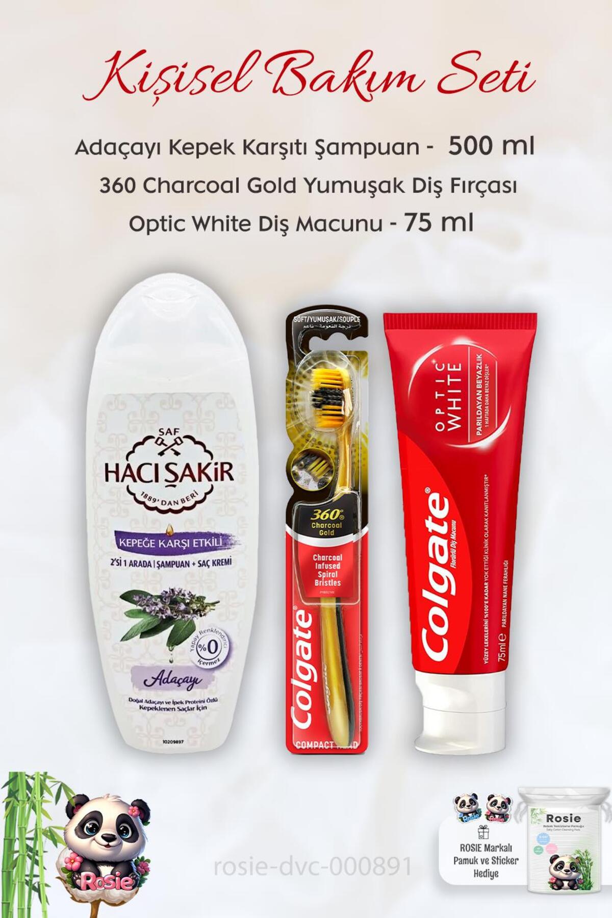 Optic White 50 ml, 360 Charcoal Diş Fırçası, H.Şakir Adaçayı Şampuan 500 ml ve ROSIE