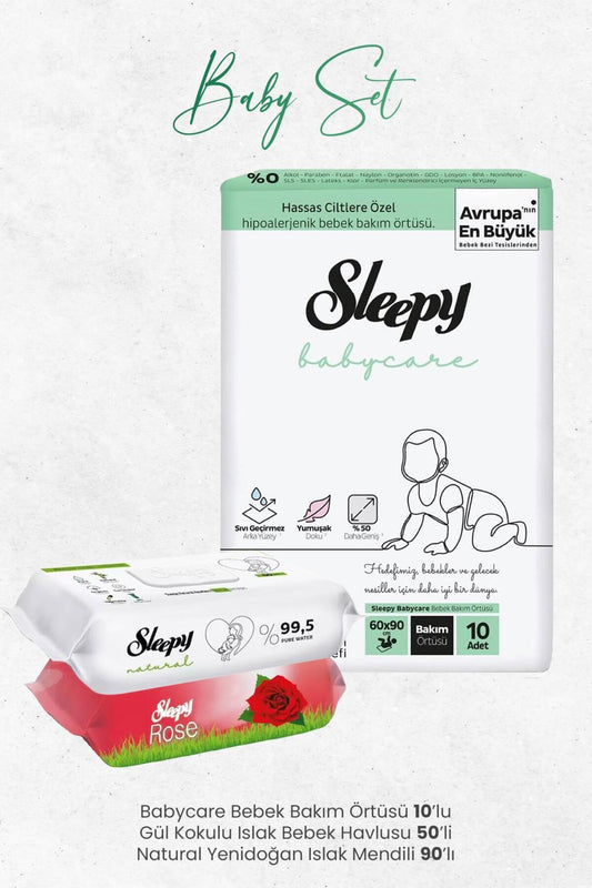Babycare Bebek Bakım Örtüsü 10'lu, Gül Kokulu 50 Yaprak ve Natural Yenidoğan 90'lı Islak Mend