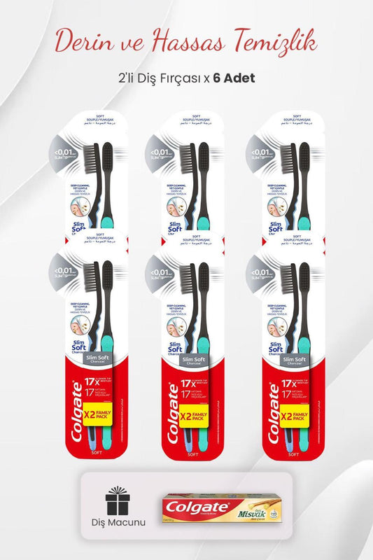 Slim Soft Charcoal 2'li Diş Fırçası x 6 Adet ve Misvak Özlü Diş Macunu