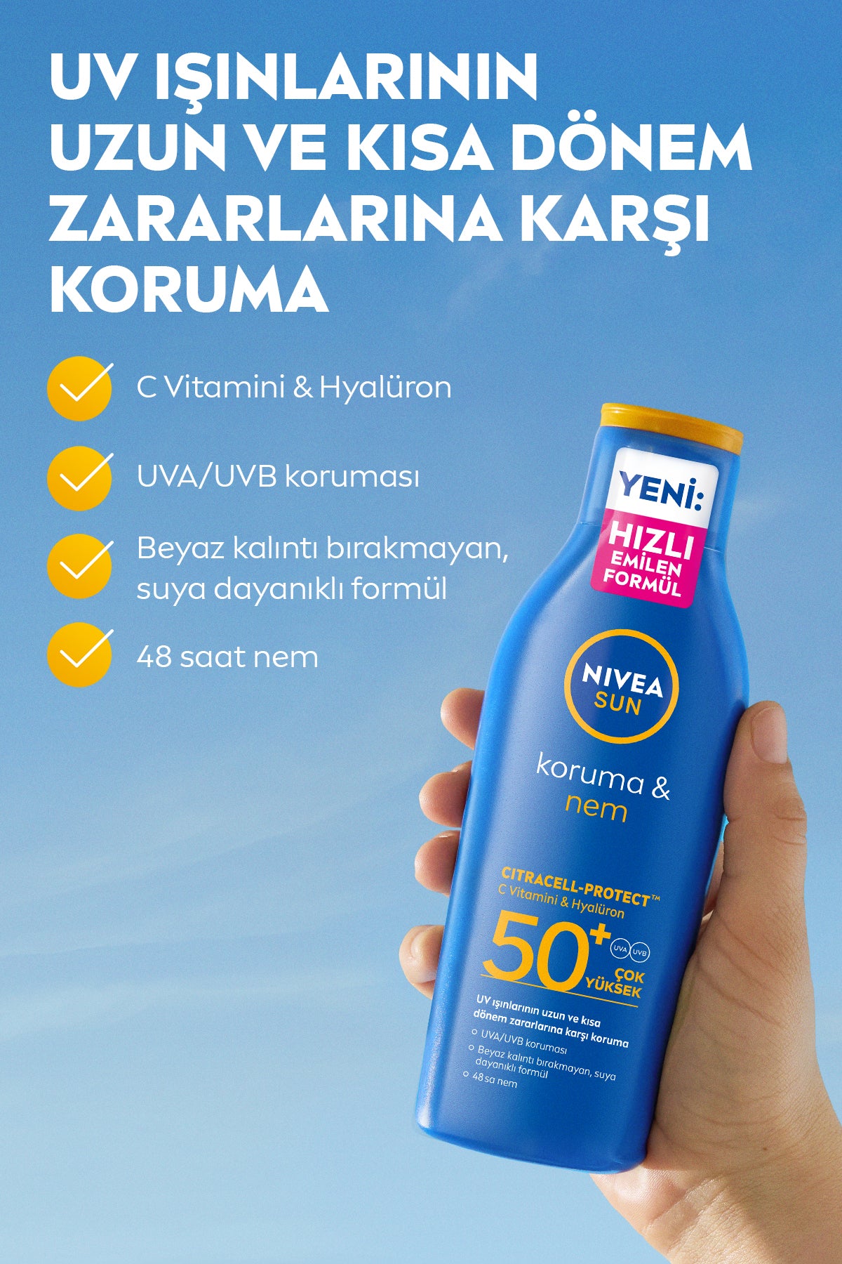 SUN SPF50+ Güneş Koruyucu Vücut Losyonu 200ml, Nemlendirici, Suya Dayanıklı, Yeni Nesil UV Filtresi