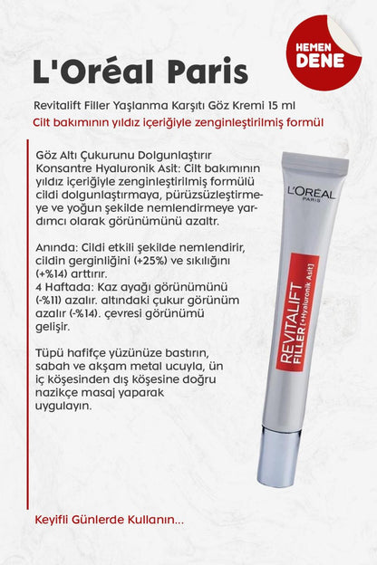 Loreal Paris Revitalift Filler Yaşlanma Karşıtı Göz Kremi 15 ml