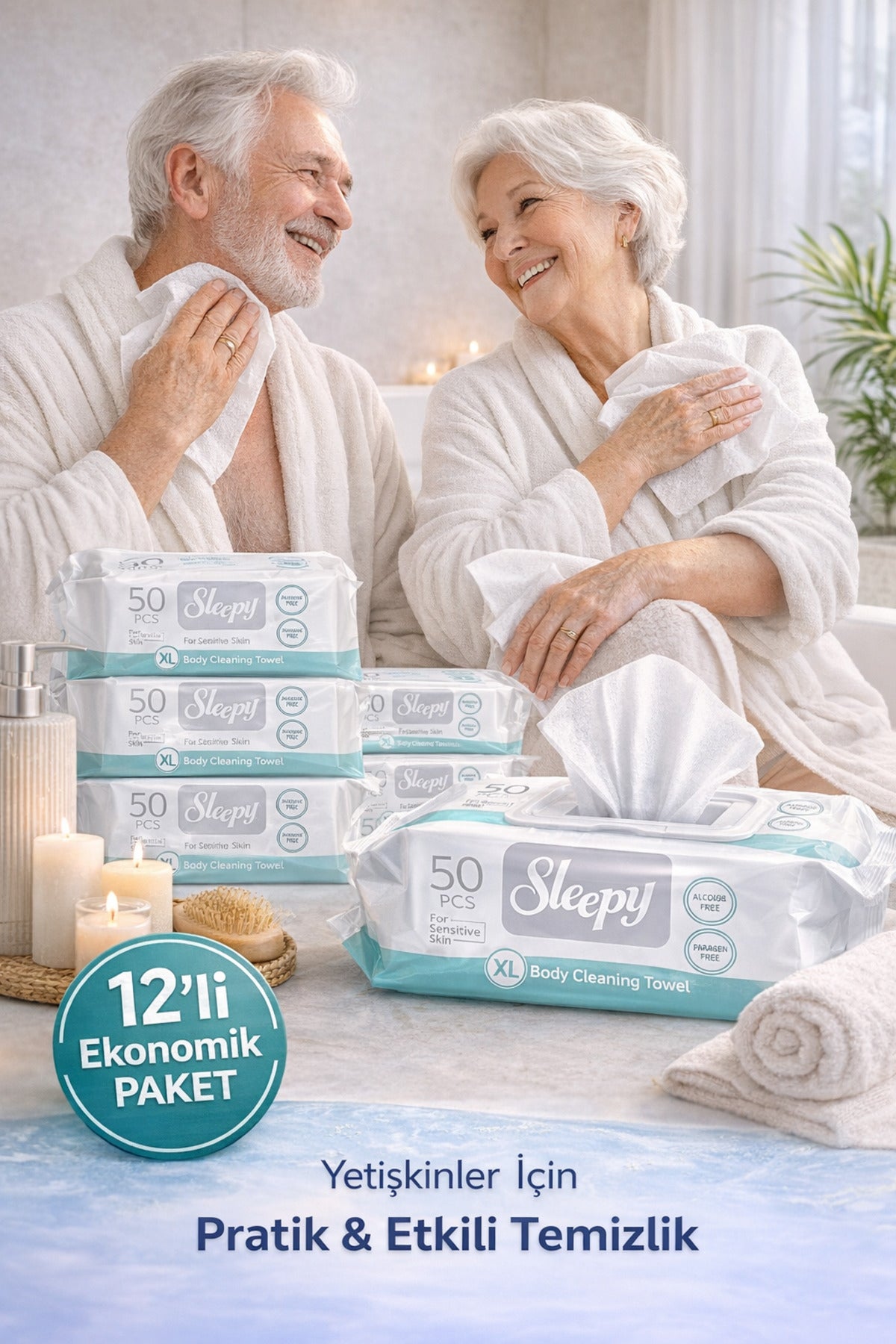 Hasta Vücut Temizleme Islak Mendil Havlu 50 Yaprak XL 12 Li Set ( NODEKAM KADIN PARFÜM HEDİYELİ )