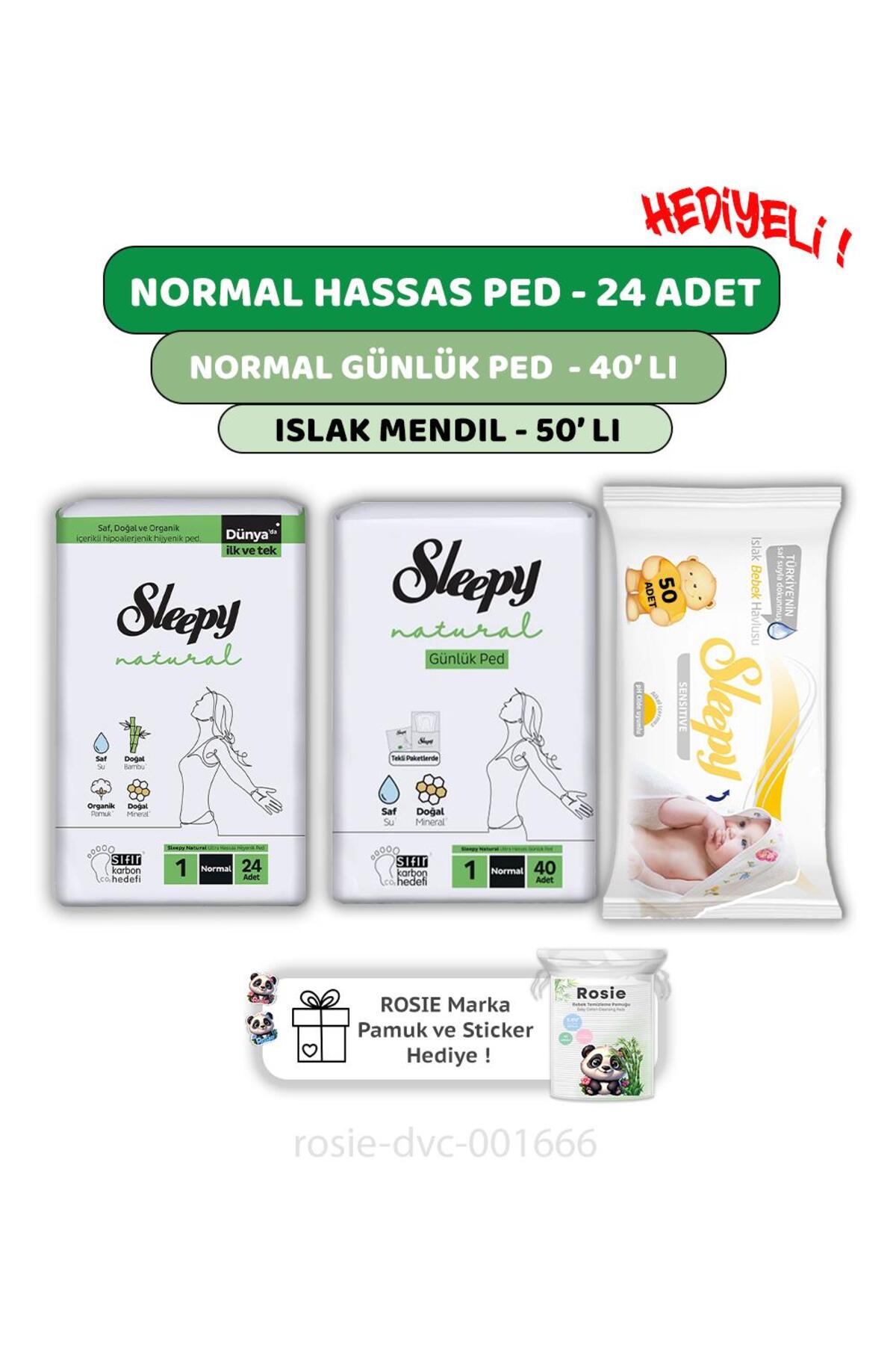 Natural Ultra Hassas Normal Ped 24'lü,Günlük Ped 40'lı, Sensitive 50'li Mendil ve ROSIE