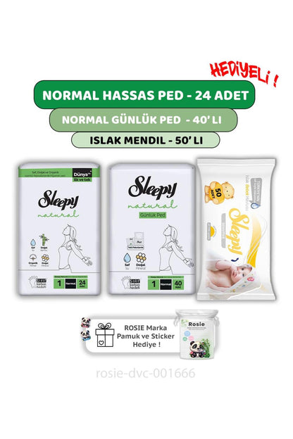 Natural Ultra Hassas Normal Ped 24'lü,Günlük Ped 40'lı, Sensitive 50'li Mendil ve ROSIE