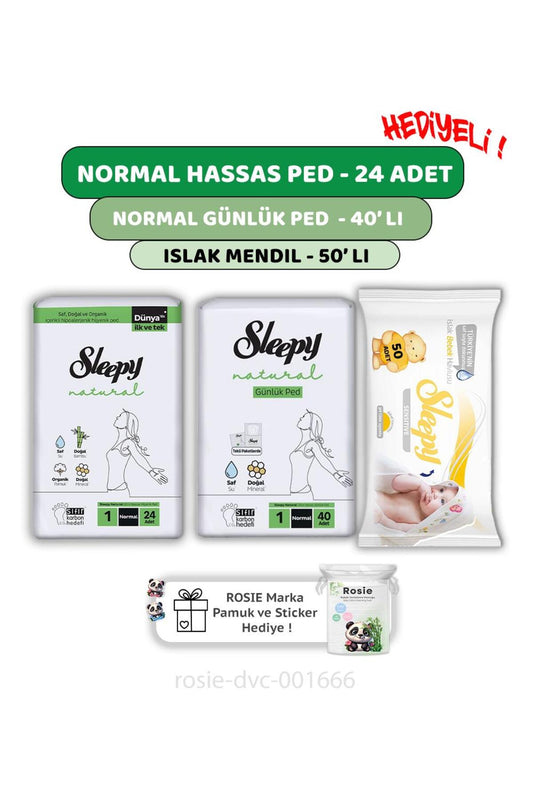 Natural Ultra Hassas Normal Ped 24'lü,Günlük Ped 40'lı, Sensitive 50'li Mendil ve ROSIE