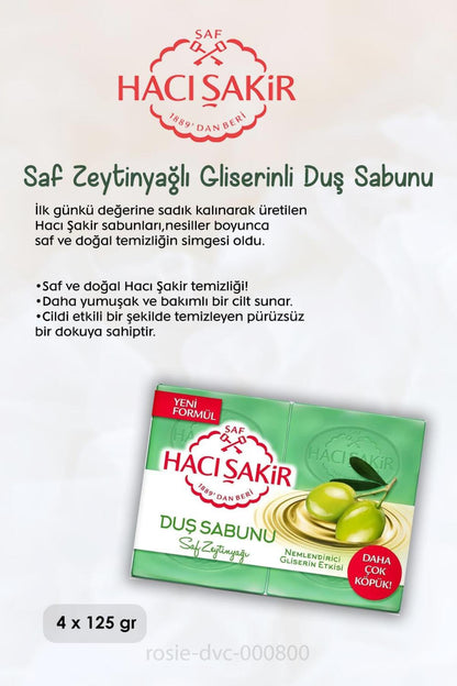 Saf Zeytinyağlı Gliserinli Duş Sabunu 4 x 125 gr, Gül Kokulu Banyo Sabunu 4 x 150 gr ve