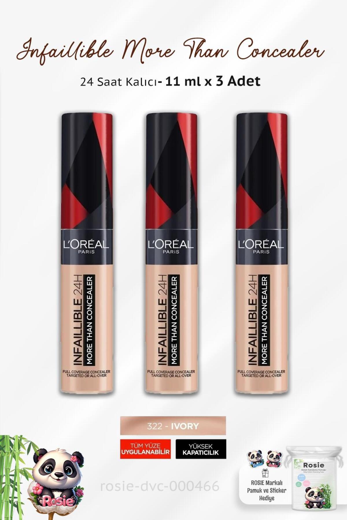 3 Adet Loreal Paris Infaillible 24H More Than Concealer 322 Ivory ve ROSIE Pamuk